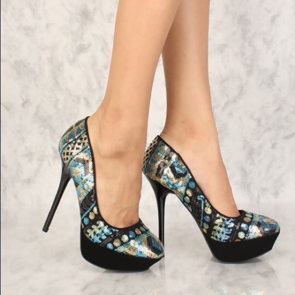 Qupid Shoes - 🆕 Qupid Daydream Blue Multi Sequin Platform Pumps